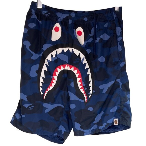 A Bathing Ape Blue Shark Camo Swim Shorts M 100% Polyester Mesh Lining 54f - Picture 1 of 7